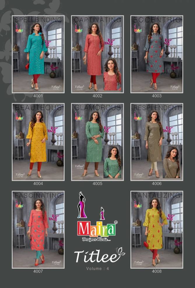 Maira Titlee 4 Heavy Party Wear Rayon Embroidery Kurti Collection